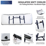 SavvyCraft Insulated Soft Cooler Flat Bottom Style highlighting key features: waterproof leakproof zipper, multi-option drainage valve for easy cleaning, comfort handle wraps, and a convenient front pocket for essentials