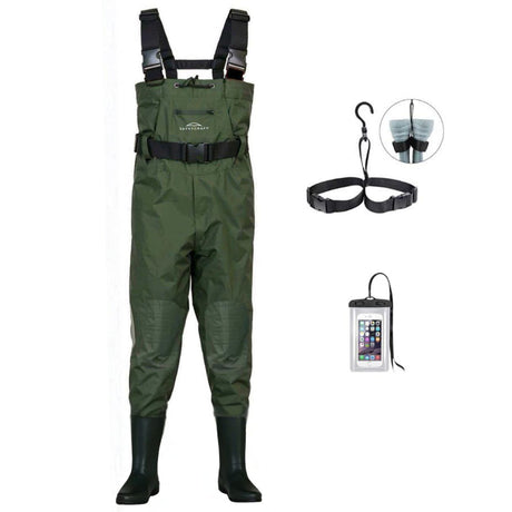 Front view of SavvyCraft 700D heavy-duty waterproof green chest waders with integrated black boots, including a waist belt, adjustable shoulder suspenders, and an included waterproof phone pouch accessory.