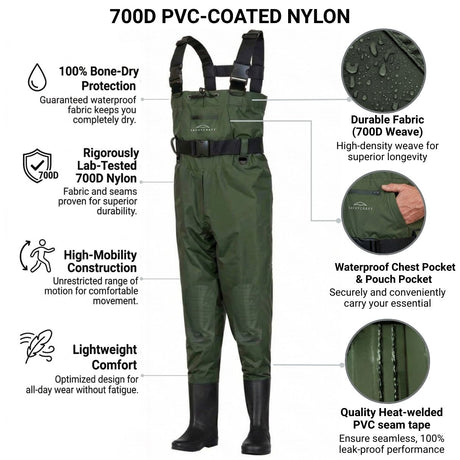 Infographic diagram titled "700D PVC-Coated Nylon" displaying SavvyCraft green waterproof chest waders. Left-side callouts list 100% bone-dry protection, rigorously lab-tested 700D nylon, high-mobility construction, and lightweight comfort. Right-side circular close-ups highlight the durable 700D weave fabric, waterproof chest and pouch pocket, and quality heat-welded PVC seam tape.