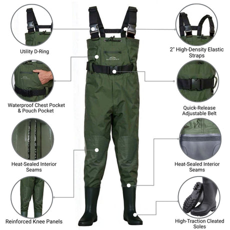 Infographic diagram of SavvyCraft green waterproof chest waders, highlighting key design details: utility D-ring, waterproof chest & pouch pocket, heat-sealed interior seams, reinforced knee panels, 2-inch high-density elastic straps, a quick-release adjustable belt, and high-traction cleated soles.