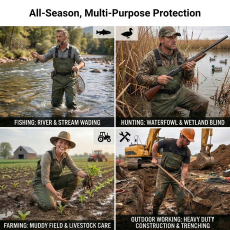 Infographic titled "All-Season, Multi-Purpose Protection" featuring a four-panel photo collage of a person wearing SavvyCraft green chest waders for different activities: river and stream fly fishing, waterfowl and wetland blind hunting, muddy field and livestock farming care, and heavy-duty outdoor construction trenching.