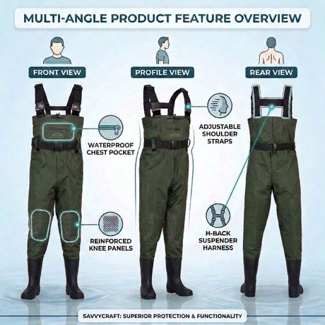 Infographic titled "Multi-Angle Product Feature Overview" showing the front, profile, and rear views of SavvyCraft green waterproof chest waders. Close-up diagrams highlight key elements including a waterproof chest pocket, reinforced knee panels, adjustable shoulder straps, and a secure H-back suspender harness.