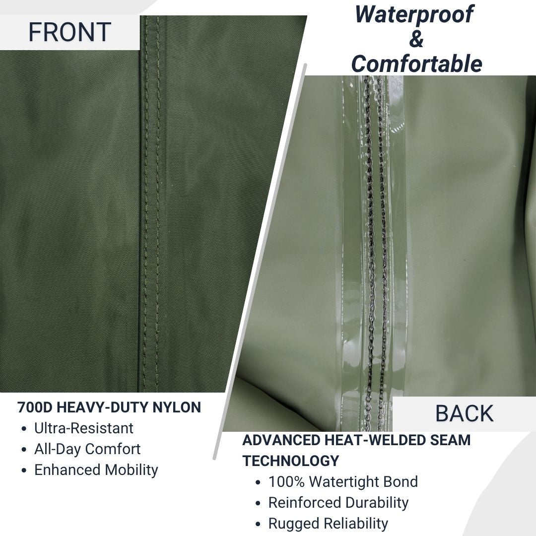 Material infographic for SavvyCraft chest waders showing side-by-side close-ups of the fabric. The front view highlights "700D Heavy-Duty Nylon" for ultra-resistance, all-day comfort, and enhanced mobility. The back view highlights "Advanced Heat-Welded Seam Technology" for a 100% watertight bond, reinforced durability, and rugged reliability.