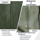Material infographic for SavvyCraft chest waders showing side-by-side close-ups of the fabric. The front view highlights "700D Heavy-Duty Nylon" for ultra-resistance, all-day comfort, and enhanced mobility. The back view highlights "Advanced Heat-Welded Seam Technology" for a 100% watertight bond, reinforced durability, and rugged reliability.