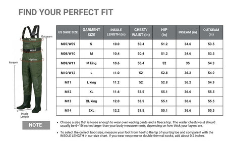 Wader size chart with measurements and fitting guide for waders.