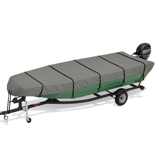 Boat on a trailer with a gray cover on a white background