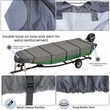 Gray boat cover with features highlighted on a trailer, showing reinforcement details and quick-release buckles.