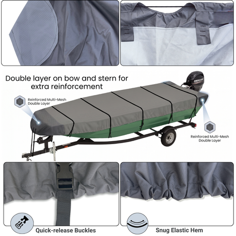 Gray boat cover with features highlighted on a trailer, showing reinforcement details and quick-release buckles.