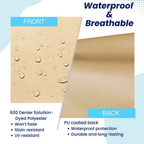 SAVVYCRAFT beige tiller cover material swatch showing 600 Denier Solution-Dyed Polyester front for UV and stain resistance, paired with a PU coated back for waterproof durability