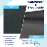 SAVVYCRAFT black tiller cover material swatch showing 600 Denier Solution-Dyed Polyester front for UV and stain resistance, paired with a PU coated back for waterproof durability