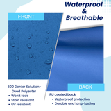 SAVVYCRAFT blue tiller cover material swatch showing 600 Denier Solution-Dyed Polyester front for UV and stain resistance, paired with a PU coated back for waterproof durability