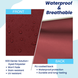 SAVVYCRAFT burgundy tiller cover material swatch showing 600 Denier Solution-Dyed Polyester front for UV and stain resistance, paired with a PU coated back for waterproof durability