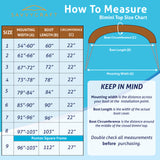 SavvyCraft bimini top size chart with measurement guide.