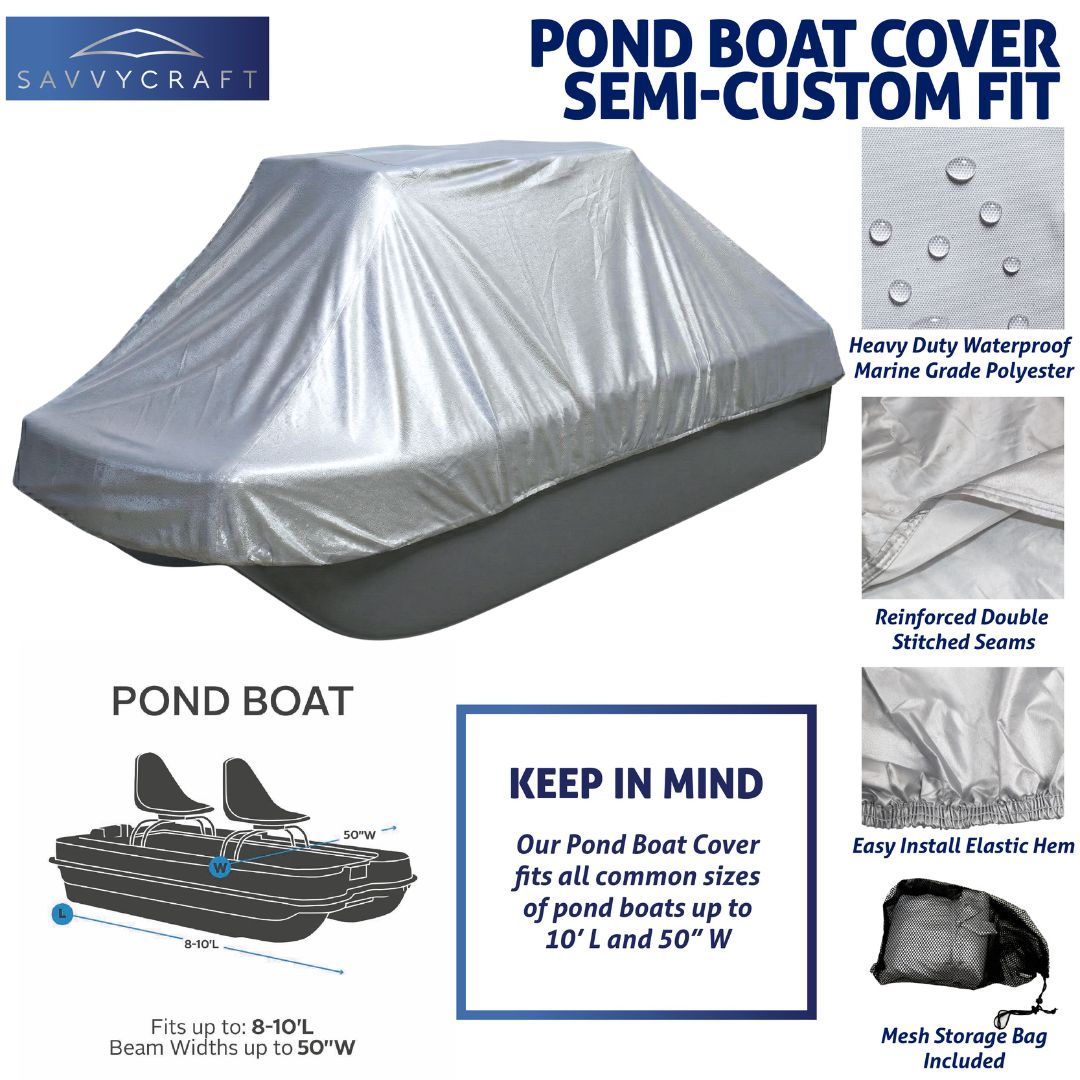 Heavy Duty Waterproof Pond Boat silver Storage Cover Details showing water repellent fabric, double stitched seams, and included mesh storage bag
