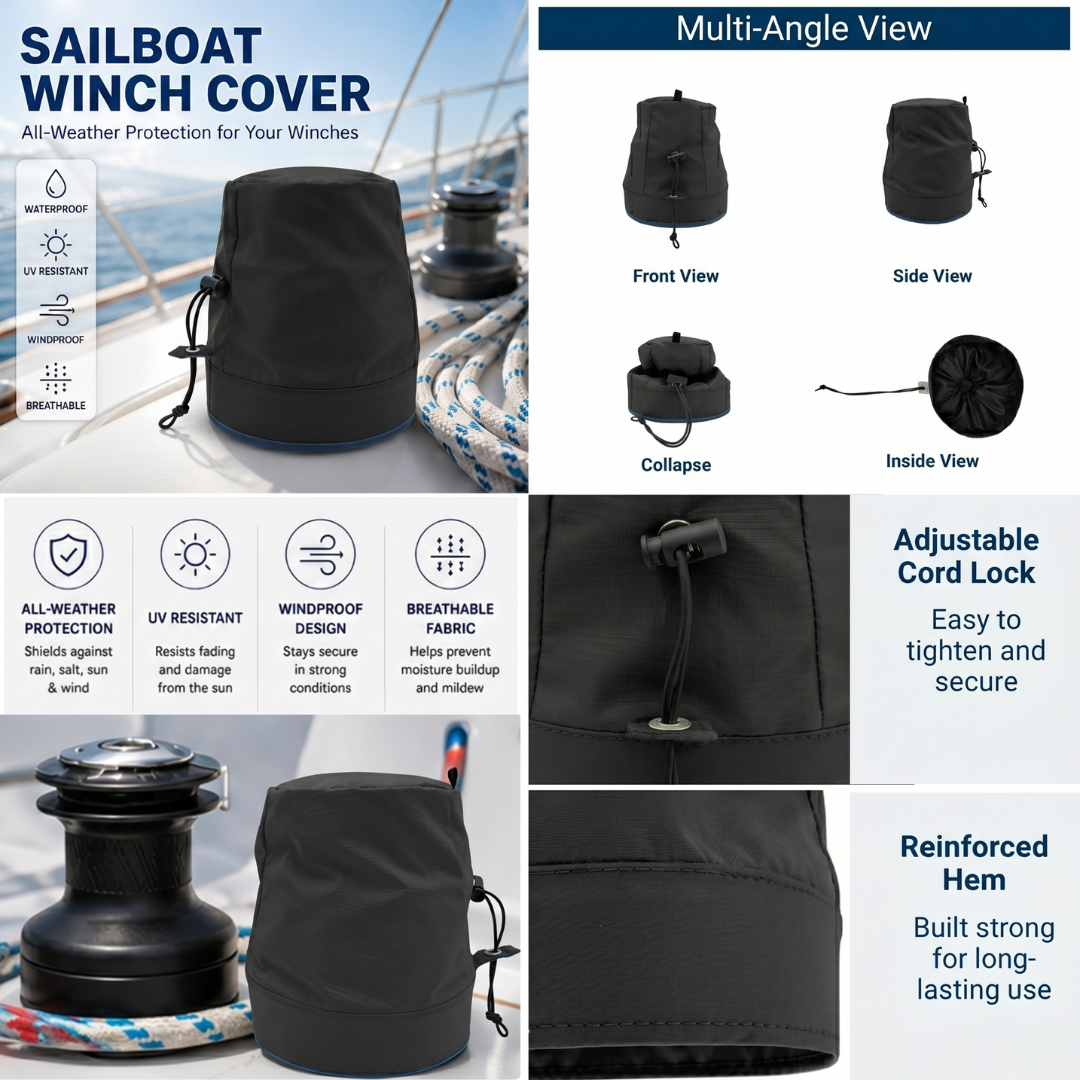 Infographic for a sailboat winch cover showing multi-angle views (front, side, collapsed, inside), key features (all-weather protection, UV resistant, windproof, breathable), and close-ups of the adjustable cord lock and reinforced hem.