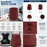 Infographic for a sailboat winch cover showing multi-angle views (front, side, collapsed, inside), key features (all-weather protection, UV resistant, windproof, breathable), and close-ups of the adjustable cord lock and reinforced hem.