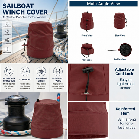Infographic for a sailboat winch cover showing multi-angle views (front, side, collapsed, inside), key features (all-weather protection, UV resistant, windproof, breathable), and close-ups of the adjustable cord lock and reinforced hem.