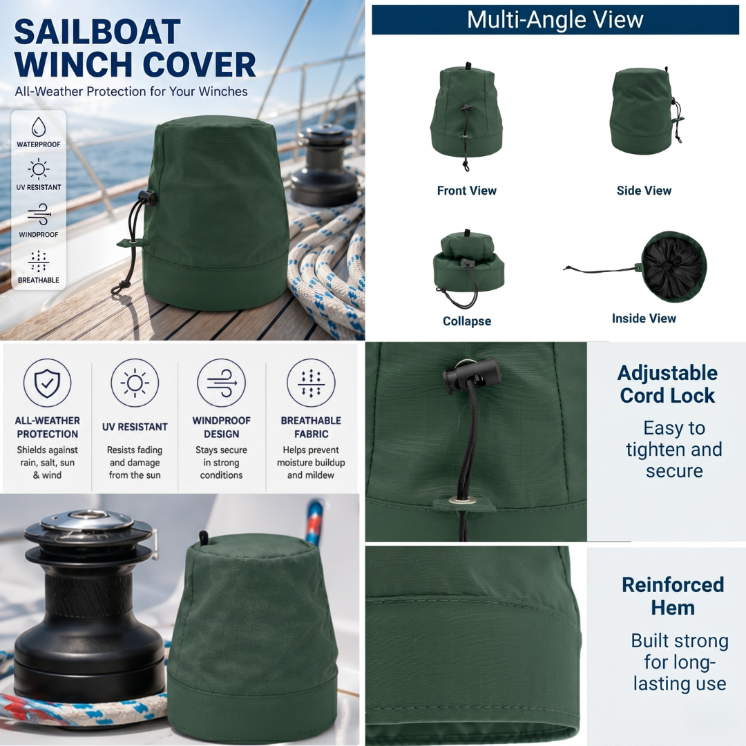 Infographic for a sailboat winch cover showing multi-angle views (front, side, collapsed, inside), key features (all-weather protection, UV resistant, windproof, breathable), and close-ups of the adjustable cord lock and reinforced hem.
