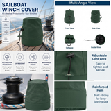 Infographic for a sailboat winch cover showing multi-angle views (front, side, collapsed, inside), key features (all-weather protection, UV resistant, windproof, breathable), and close-ups of the adjustable cord lock and reinforced hem.