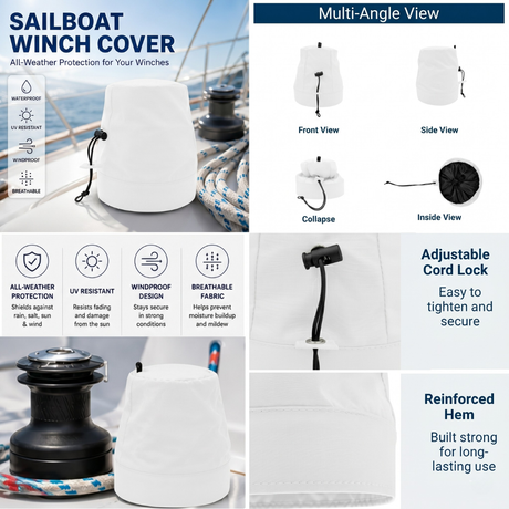 Infographic for a sailboat winch cover showing multi-angle views (front, side, collapsed, inside), key features (all-weather protection, UV resistant, windproof, breathable), and close-ups of the adjustable cord lock and reinforced hem