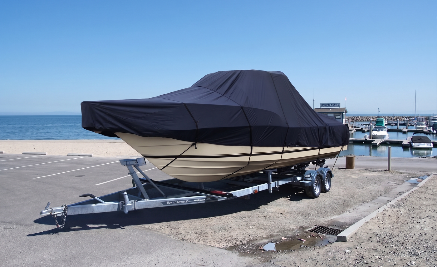 T-Top Boat on a trailer with a navy blue cover on at a dock with water and sky in the background