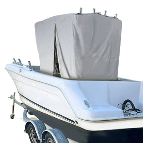 SavvyCraft grey T-top boat center console cover installed on a fishing boat, designed to fit under hard tops and protect the helm and marine electronics