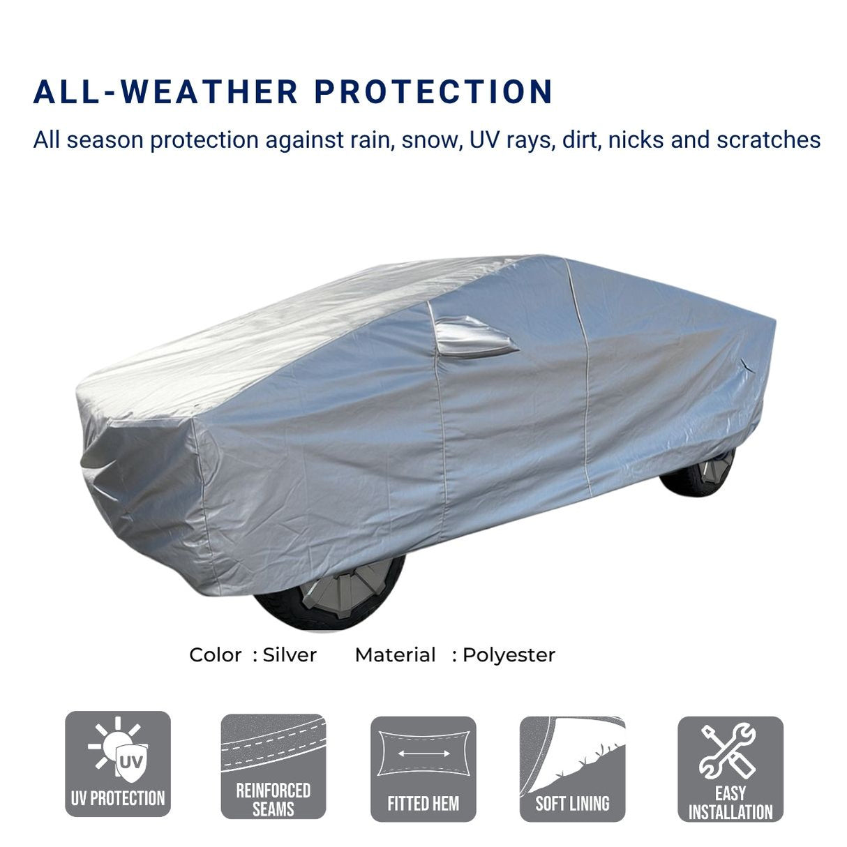 All-weather Tesla Cybertruck cover infographic highlighting UV protection, reinforced seams, fitted hem, and soft scratch-resistant lining.