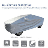 All-weather Tesla Cybertruck cover infographic highlighting UV protection, reinforced seams, fitted hem, and soft scratch-resistant lining.
