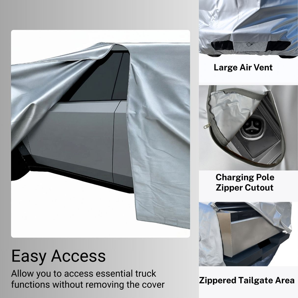 Infographic of Tesla Cybertruck cover features including large air vents, charging port zipper cutout, and zippered tailgate access.