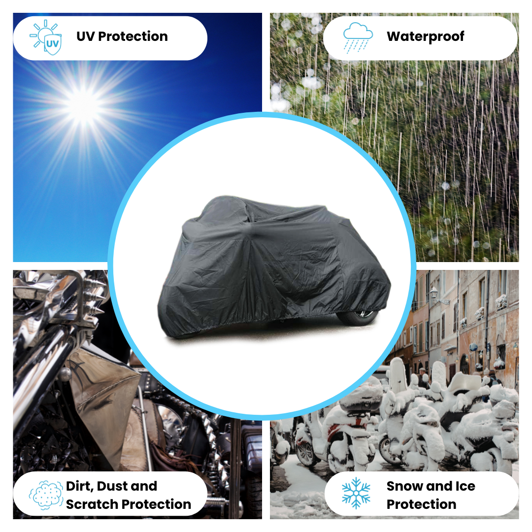 Heavy-duty black tricycle cover offering UV, waterproof, dust, scratch, and winter weather protection. Includes breathable fabric for both indoor and outdoor use.