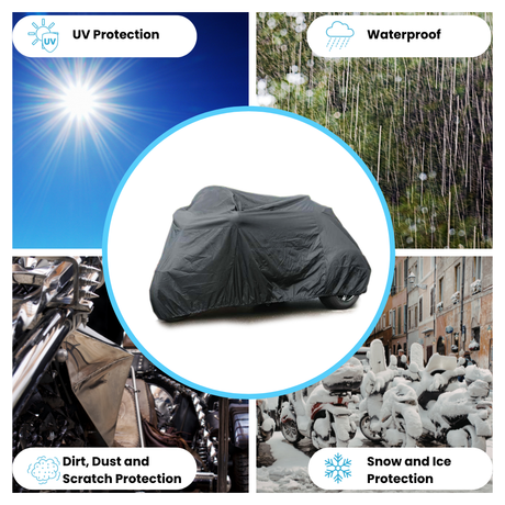 Heavy-duty black tricycle cover offering UV, waterproof, dust, scratch, and winter weather protection. Includes breathable fabric for both indoor and outdoor use.