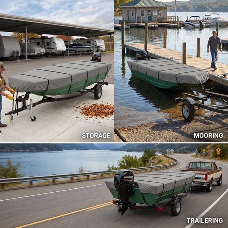 Collage of a boat cover being used for storage, mooring, and trailing.