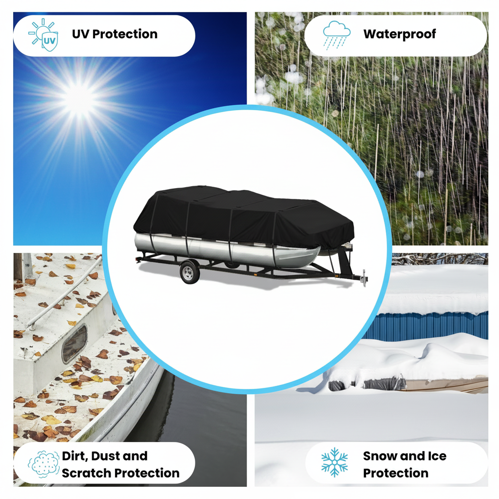 A boat cover on a trailer shown in a feature collage with labeled panels for UV protection, waterproofing, dirt/dust/scratch protection, and snow and ice protection.