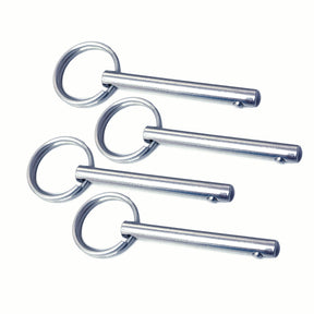 Four stainless steel hardware quick release ball pins with cylindrical shafts and circular ends on a white background.