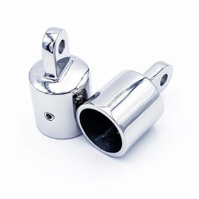Two stainless steel eye end top caps, one on its side and one standing upright.