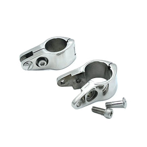 One hinged jaw slide rail mount with screws attached and an open hinged jaw slide rail mount with screws not attached.