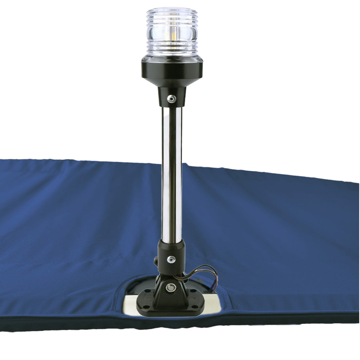 Navy Bimini top replacement canvas with cutout for marine navigation light.