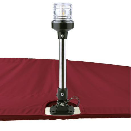 Burgundy Bimini top replacement canvas with cutout for marine navigation light.