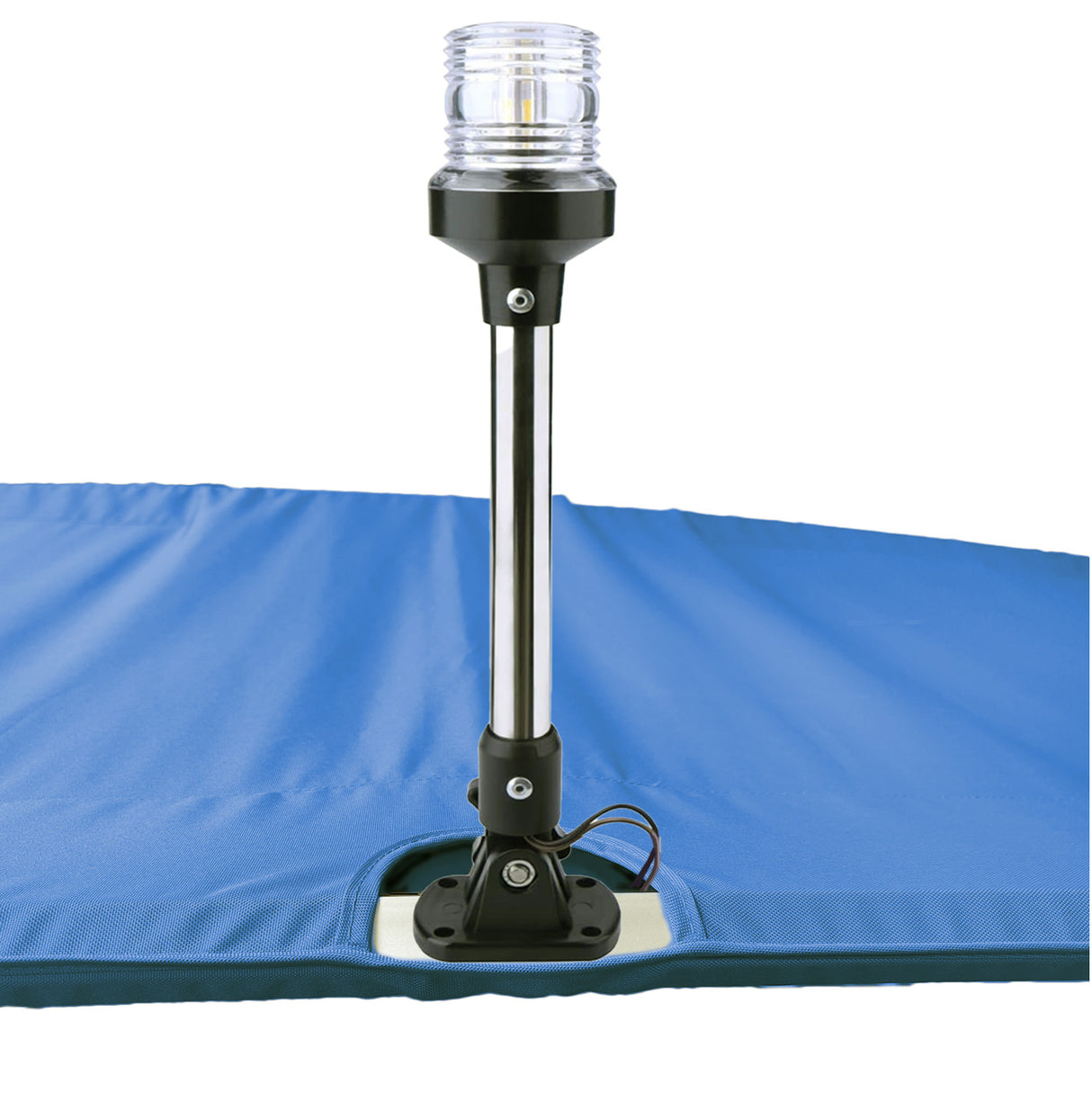Blue Bimini top replacement canvas with cutout for marine navigation light.