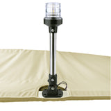 Beige Bimini top replacement canvas with cutout for marine navigation light.