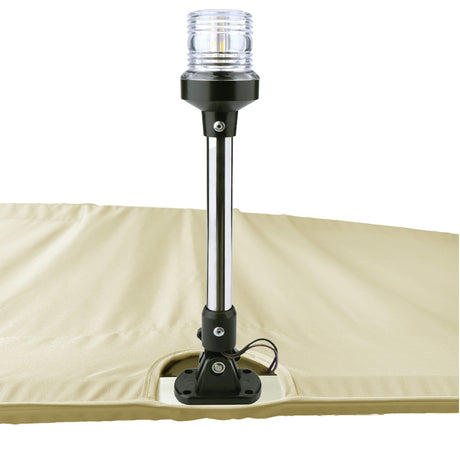 Beige Bimini top replacement canvas with cutout for marine navigation light.