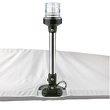 White Bimini top replacement canvas with cutout for marine navigation light.