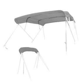 Gray bimini top replacement canvas fitted on a bimini frame, shown from multiple angles, fully open and stored in a protective boot.