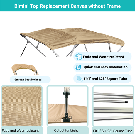 Beige Bimini top replacement canvas include storage boot, both with cutout for light, featuring fade and wear-resistant material.