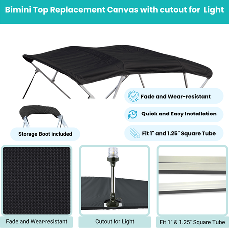 Black Bimini top replacement canvas include storage boot, both with cutout for light, featuring fade and wear-resistant material.