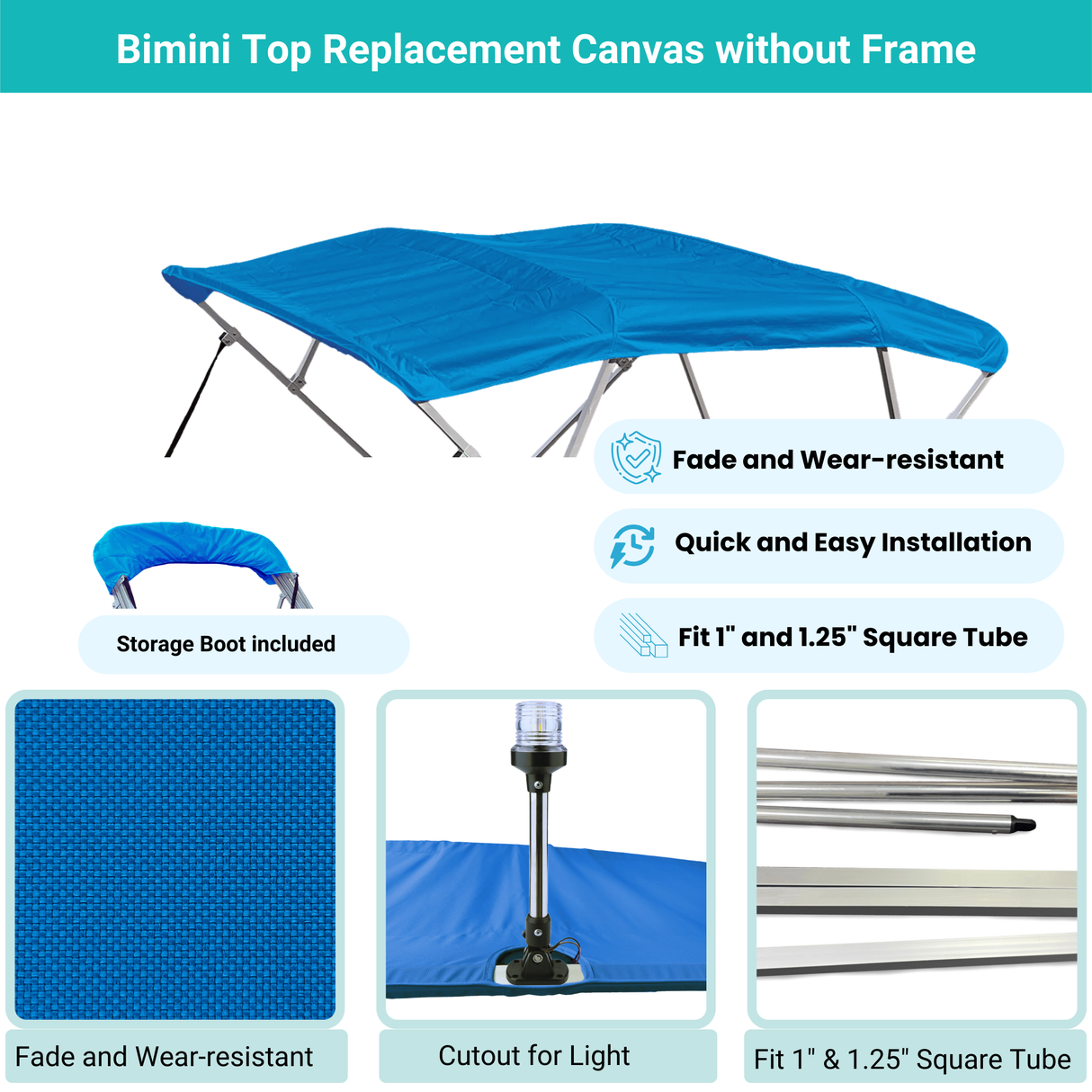 Blue Bimini top replacement canvas include storage boot, both with cutout for light, featuring fade and wear-resistant material.