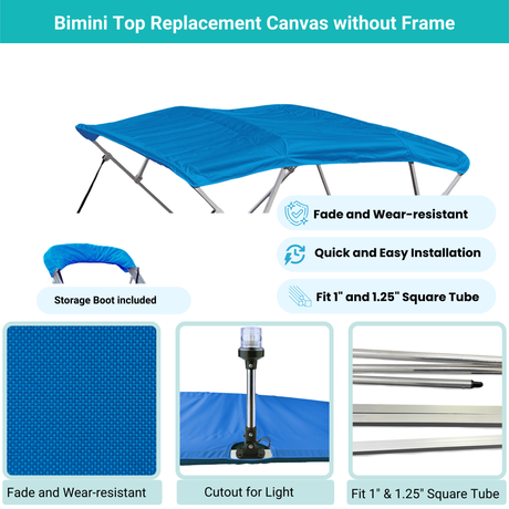 Blue Bimini top replacement canvas include storage boot, both with cutout for light, featuring fade and wear-resistant material.
