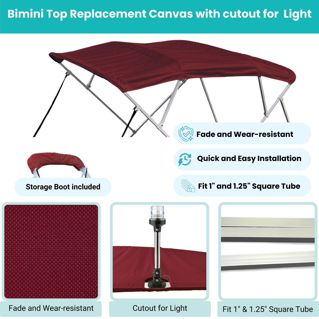 Burgundy Bimini top replacement canvas include storage boot, both with cutout for light, featuring fade and wear-resistant material.