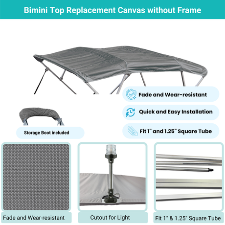 Gray Bimini top replacement canvas include storage boot, both with cutout for light, featuring fade and wear-resistant material.