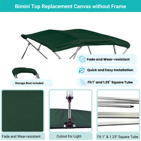 Green 4-bow Bimini top with durable marine polyester canvas, featuring bound hems and zipper sleeves for easy setup.